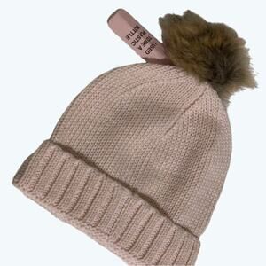 Serra Pink Knit Beanie Metallic Gold Threads and Faux Fur Pom Pom NWT